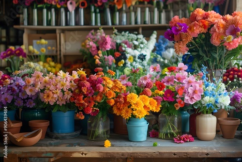 Wallpaper Mural Vibrant Flower Market Display with Colorful Bouquets in Various Vases Torontodigital.ca