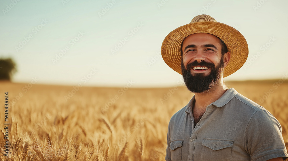 Smiling bearded farmer in a straw hat standing in a golden wheat field under a clear sky. Perfect for agricultural advertisements, rural lifestyle features, and farming blogs