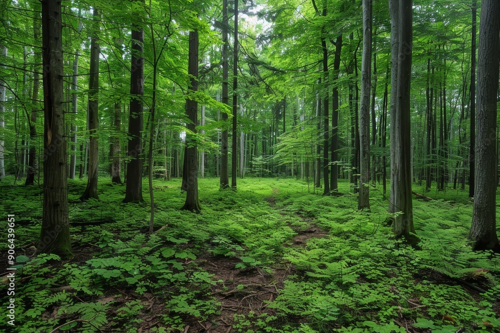 Lush green forest with dense trees and undergrowth Lush green forest with dense trees and undergrowth