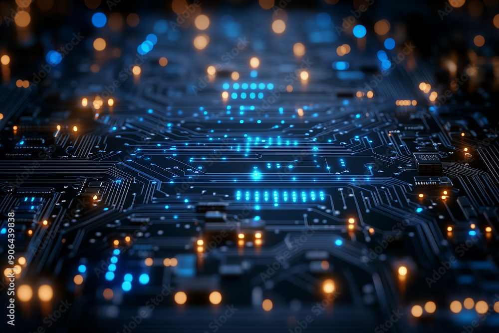 Obraz premium Abstract digital network circuit board background banner with glowing light and connecting data dots in blue and black colors. Big data technology concept 
