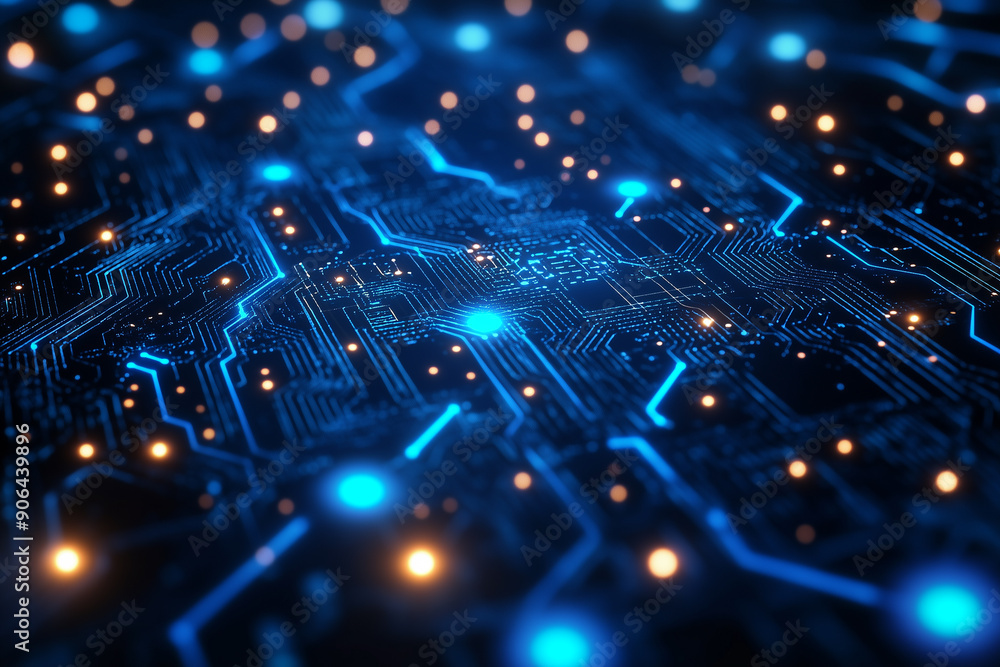 Abstract digital network circuit board background banner with glowing light and connecting data dots in blue and black colors. Big data technology concept Abstract digital network circuit board background banner with glowing light and connecting data dots in blue and black colors. Big data technology concept