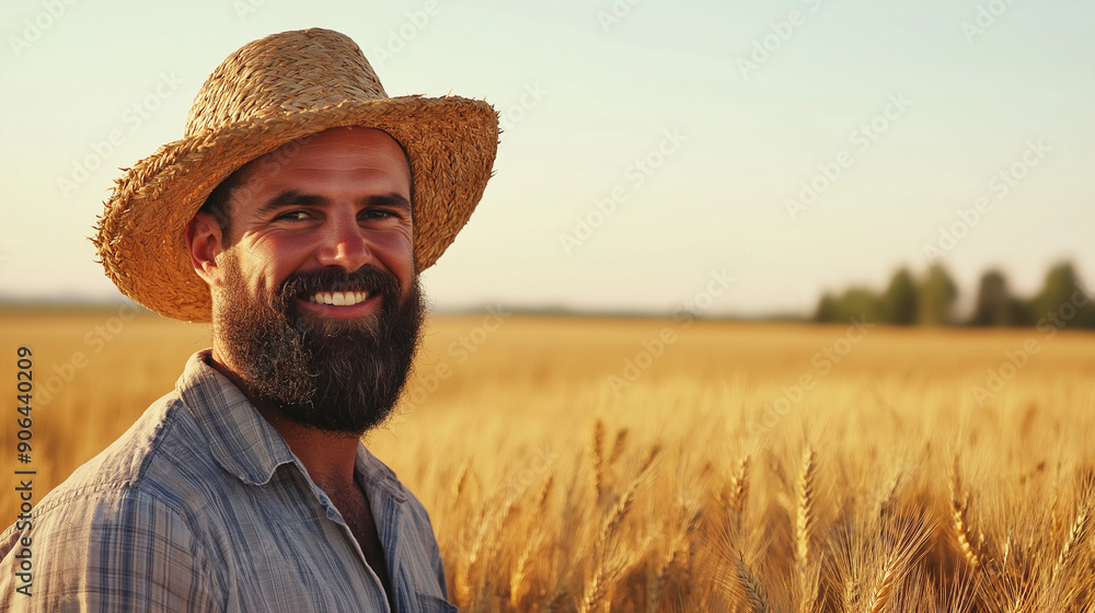 Fototapeta premium Smiling bearded farmer in a straw hat standing in a golden wheat field under a clear sky. Perfect for agricultural advertisements, rural lifestyle features, and farming blogs