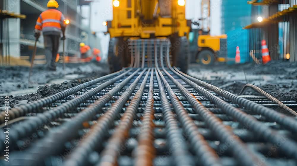 Reinforced steel mesh laid out on a concrete construction site, with a construction worker and machinery in the background. Reinforced steel mesh laid out on a concrete construction site, with a construction worker and machinery in the background.