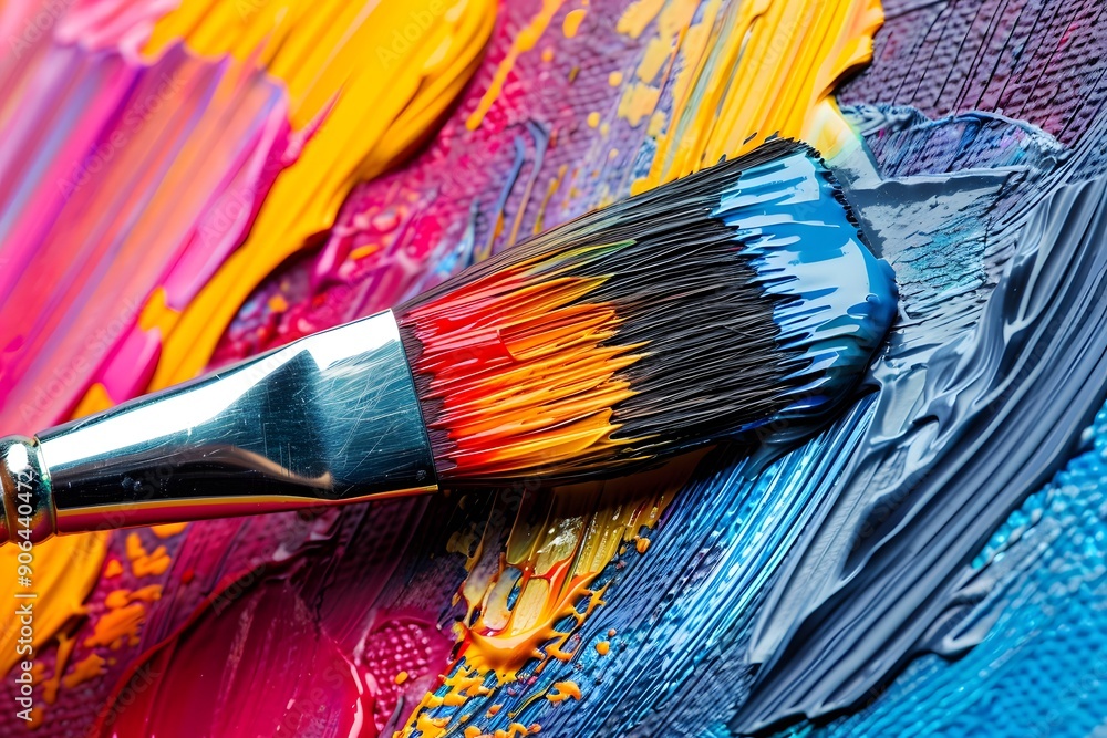 Vibrant Palette: A Close-Up of a Brush on Colorful Paints Vibrant Palette: A Close-Up of a Brush on Colorful Paints