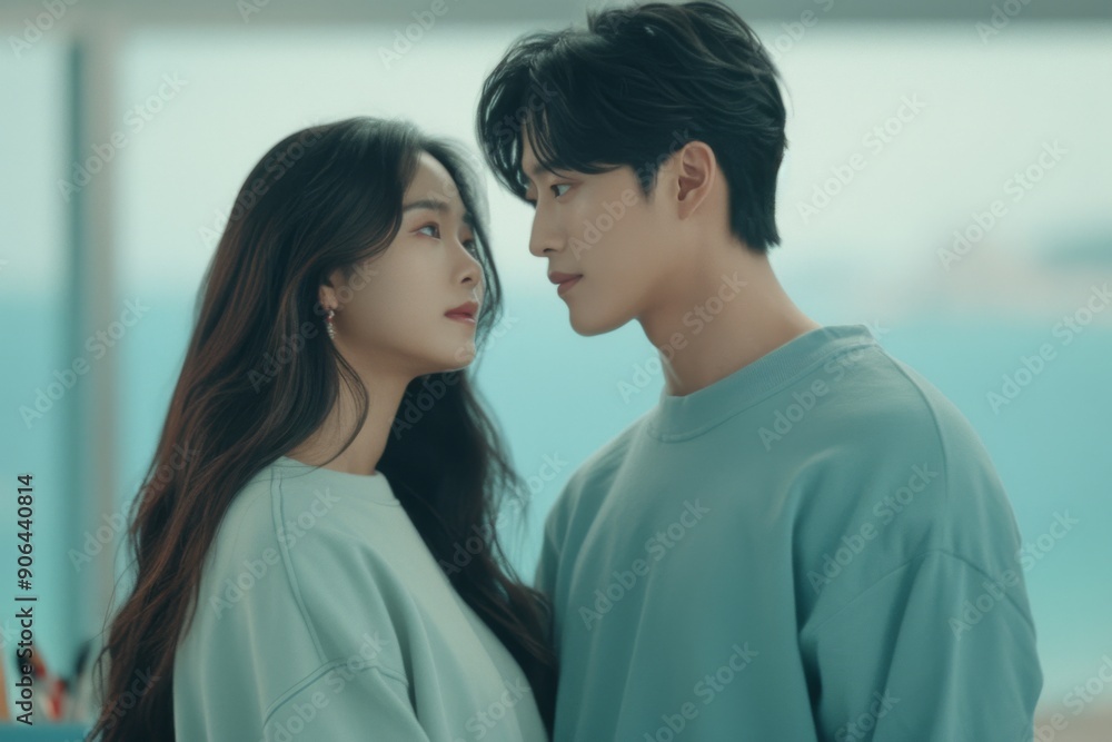 Romantic Asian Couple Gazing into Each Other's Eyes in Soft Light Romantic Asian Couple Gazing into Each Other's Eyes in Soft Light