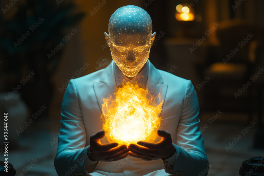 Clean image of a figure in a sleek, white suit, holding an eternal flame that casts a pure, white light, Clean image of a figure in a sleek, white suit, holding an eternal flame that casts a pure, white light,
