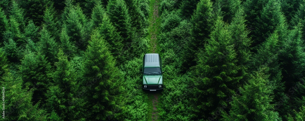 A lone vehicle navigating through a dense forest of evergreen trees, showcasing the beauty of nature and adventure. A lone vehicle navigating through a dense forest of evergreen trees, showcasing the beauty of nature and adventure.