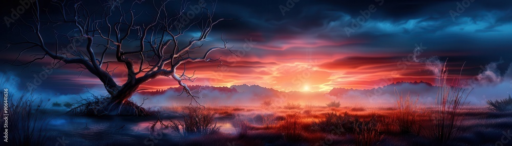 Obraz premium Life after death depicted with serene, otherworldly landscapes and spiritual elements, conveying a sense of peace and transition, Spiritual, Soft hues, Digital painting