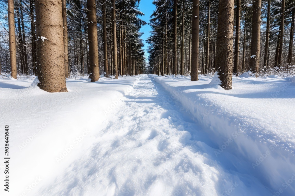 A serene winter landscape featuring a snow-covered path surrounded by tall trees and a clear blue sky. A serene winter landscape featuring a snow-covered path surrounded by tall trees and a clear blue sky.