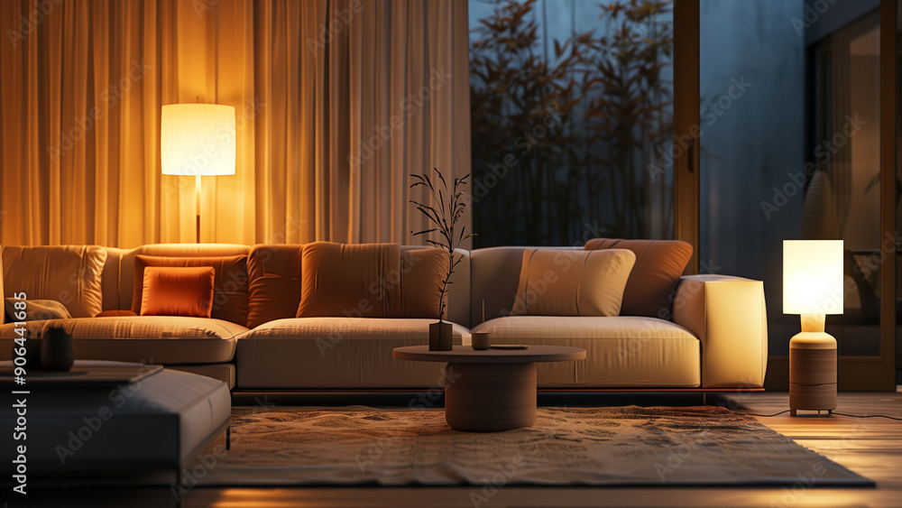 Fototapeta premium Modern Minimalist Living Room in Soft Evening Glow