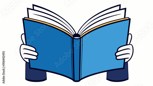 An icon depicting a book held by hands, with a minimalist style and blue color scheme. Ideal for app icons, web design, and educational content.