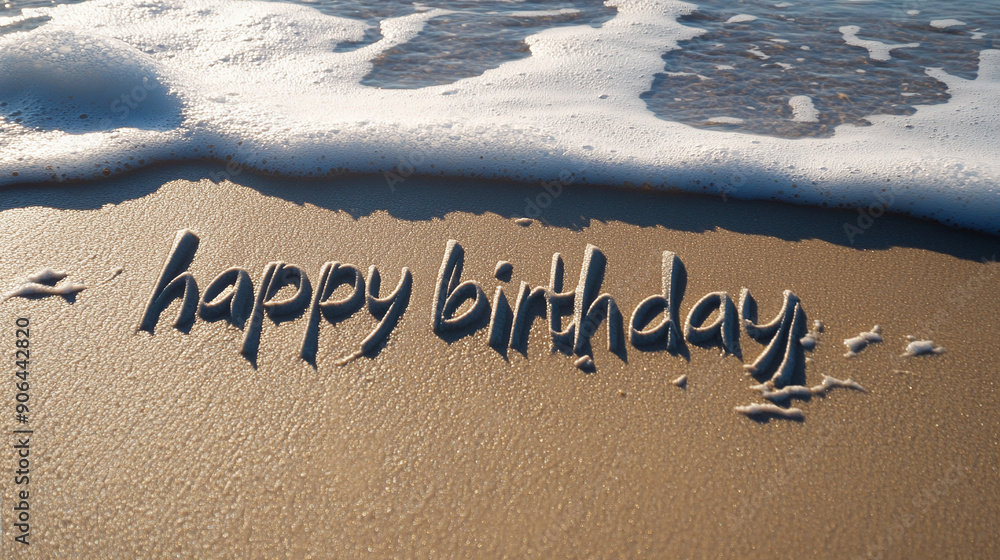 Fototapeta premium Happy birthday words on the beach with foam waves in the sand.