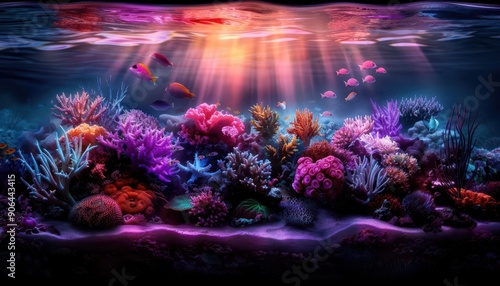 Marine ecosystem with vibrant coral reefs and a diverse array of marine life, showcasing underwater beauty, Realism, Cool hues, Digital painting