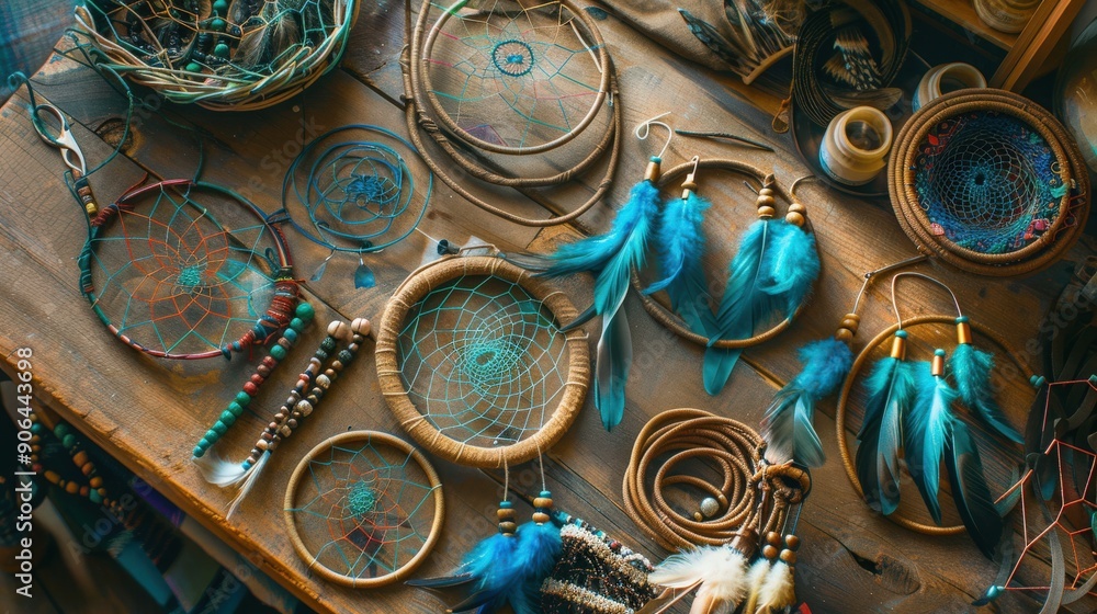 Fototapeta premium A wooden table is filled with colorful supplies for crafting dreamcatchers, showcasing various materials and vibrant feathers in a creative workspace