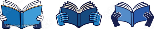 A set of three icons featuring an open book held by hands, designed in a minimalist style with blue tones. Perfect for digital interfaces, educational materials, and web design.