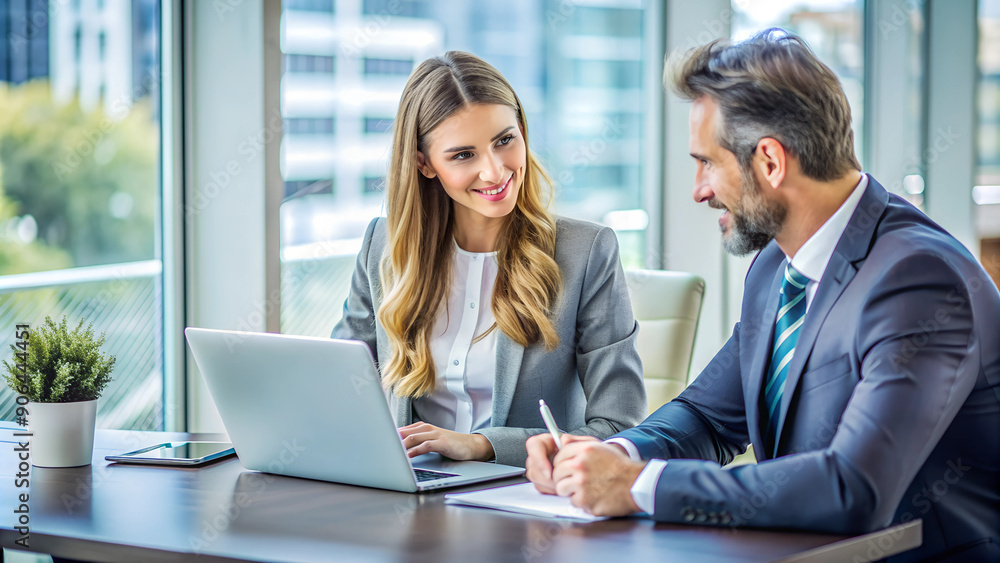 Young woman consulting with business advisor or bank manager. Male agent meeting with client, sitting at office desk with laptop computer, talking about deal, explaining some financial details Young woman consulting with business advisor or bank manager. Male agent meeting with client, sitting at office desk with laptop computer, talking about deal, explaining some financial details