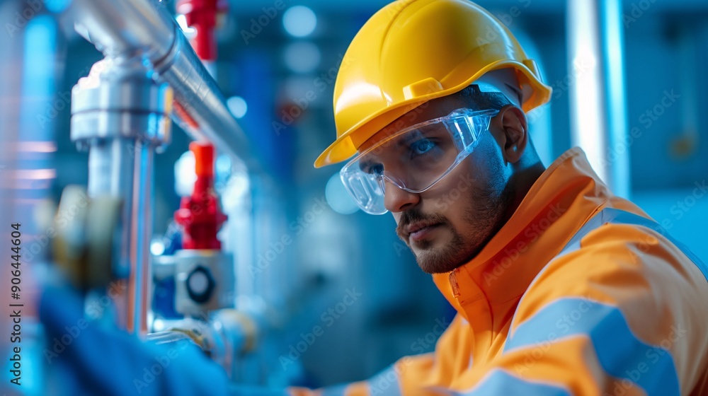 Engineer Inspecting Industrial Equipment in Factory Engineer Inspecting Industrial Equipment in Factory