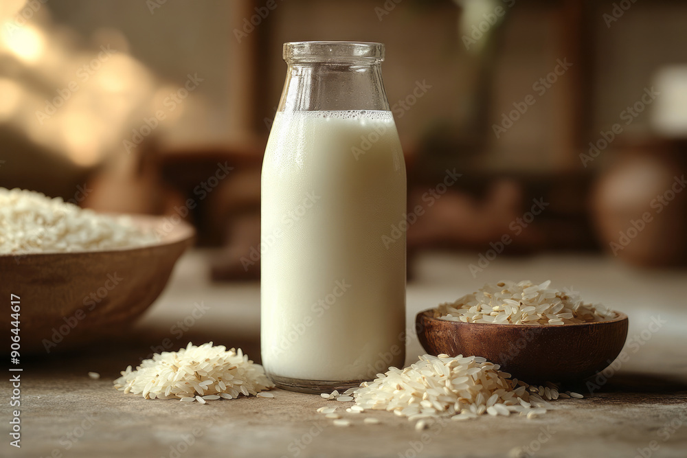 Clean and modern image of a bottle of rice milk with a small pile of rice grains beside it, Clean and modern image of a bottle of rice milk with a small pile of rice grains beside it,