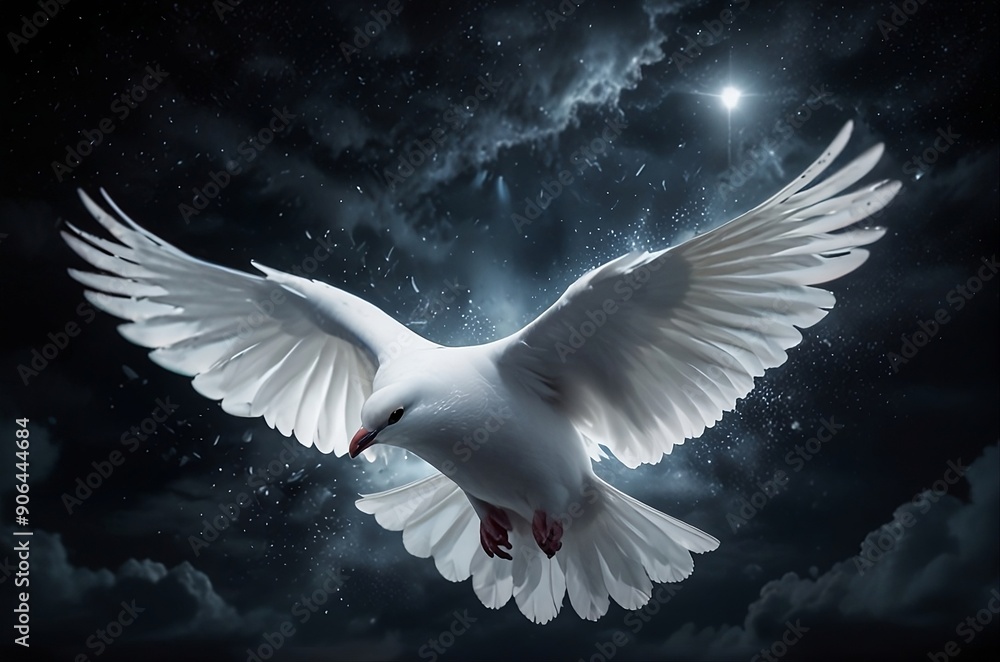 Obraz premium A majestic white dove soaring through a sea of darkness, its feathers glistening in the moonlight.