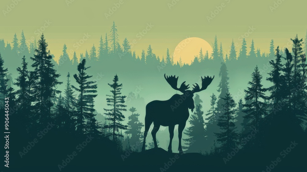 Minimalism illustration, silhouette of a moose standing in a boreal forest with coniferous trees, flat illustration on dark green background, empty copy space, lofi style illustration Minimalism illustration, silhouette of a moose standing in a boreal forest with coniferous trees, flat illustration on dark green background, empty copy space, lofi style illustration