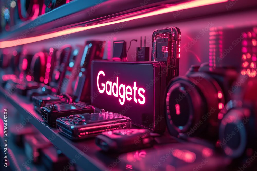 Artistic neon Gadgets sign, with a soft, colorful glow on a dark, tech exhibition backdrop, Artistic neon Gadgets sign, with a soft, colorful glow on a dark, tech exhibition backdrop,