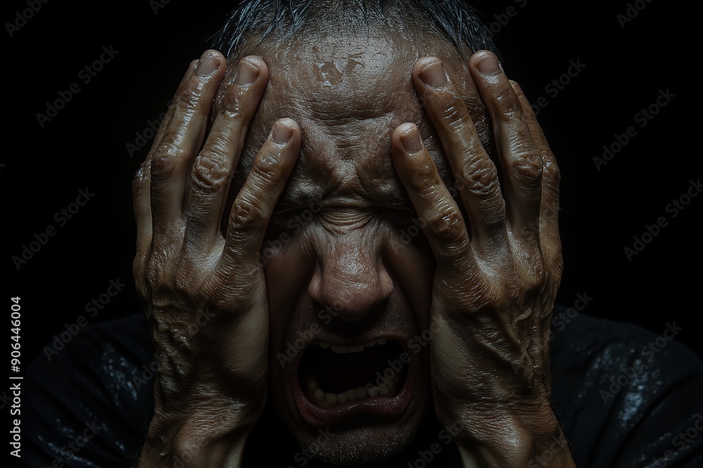 A man with wet hair holds his head in despair, expressing intense emotional pain with a pained facial expression in a dark setting A man with wet hair holds his head in despair, expressing intense emotional pain with a pained facial expression in a dark setting