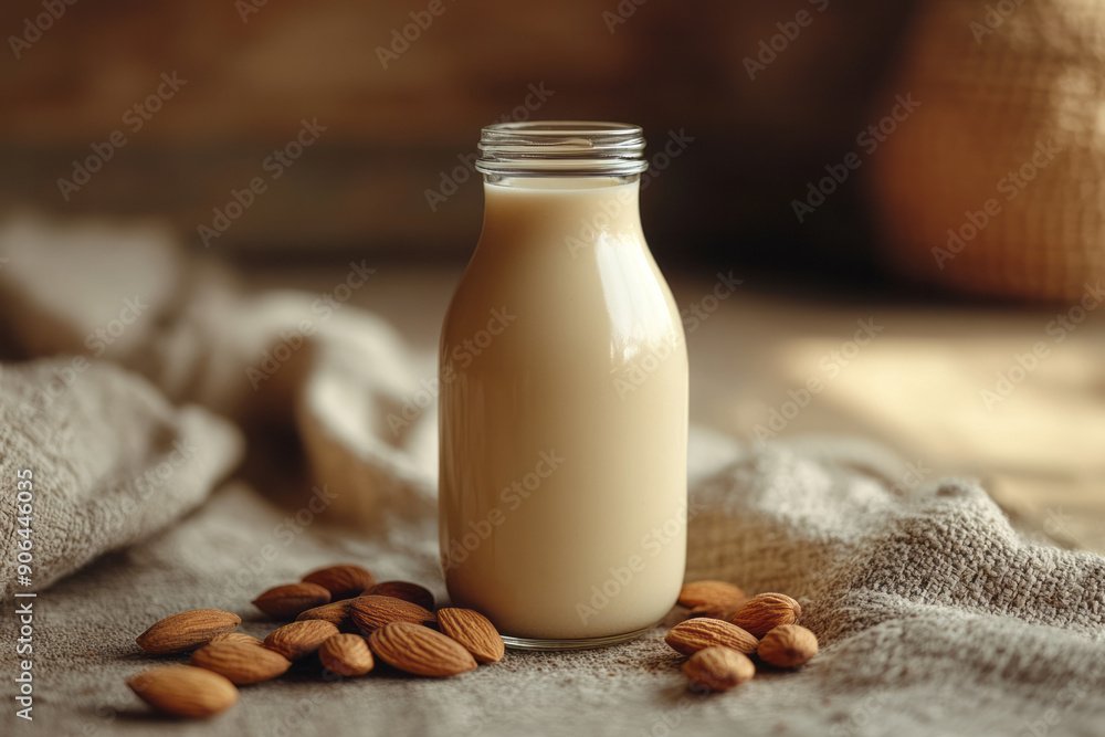 Elegant representation of a bottle of almond milk with a few almonds placed in a minimalist arrangement beside it, Elegant representation of a bottle of almond milk with a few almonds placed in a minimalist arrangement beside it,