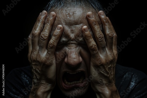 Wallpaper Mural A man with wet hair holds his head in despair, expressing intense emotional pain with a pained facial expression in a dark setting Torontodigital.ca