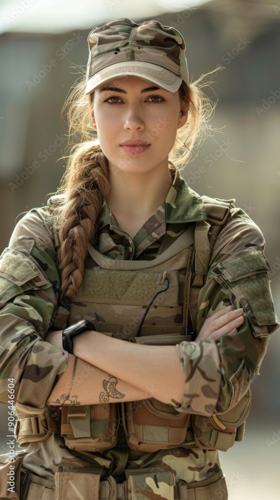 A woman in a military uniform stands with her arms crossed A woman in a military uniform stands with her arms crossed