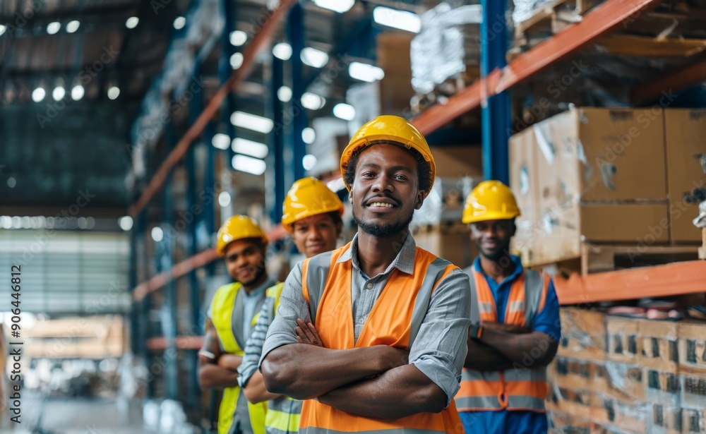 Group of warehouse workers with crossed arms in a company storage facility.Generated image Group of warehouse workers with crossed arms in a company storage facility.Generated image
