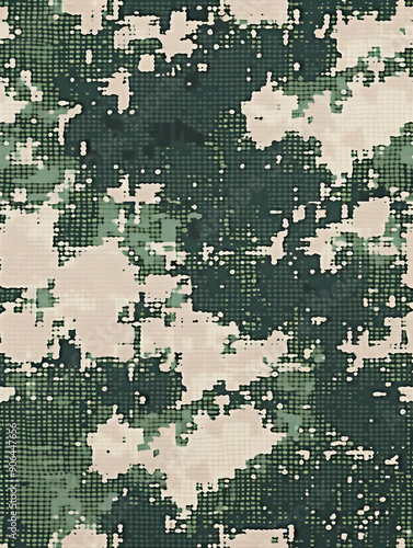 A green and white camouflage print with a lot of dots