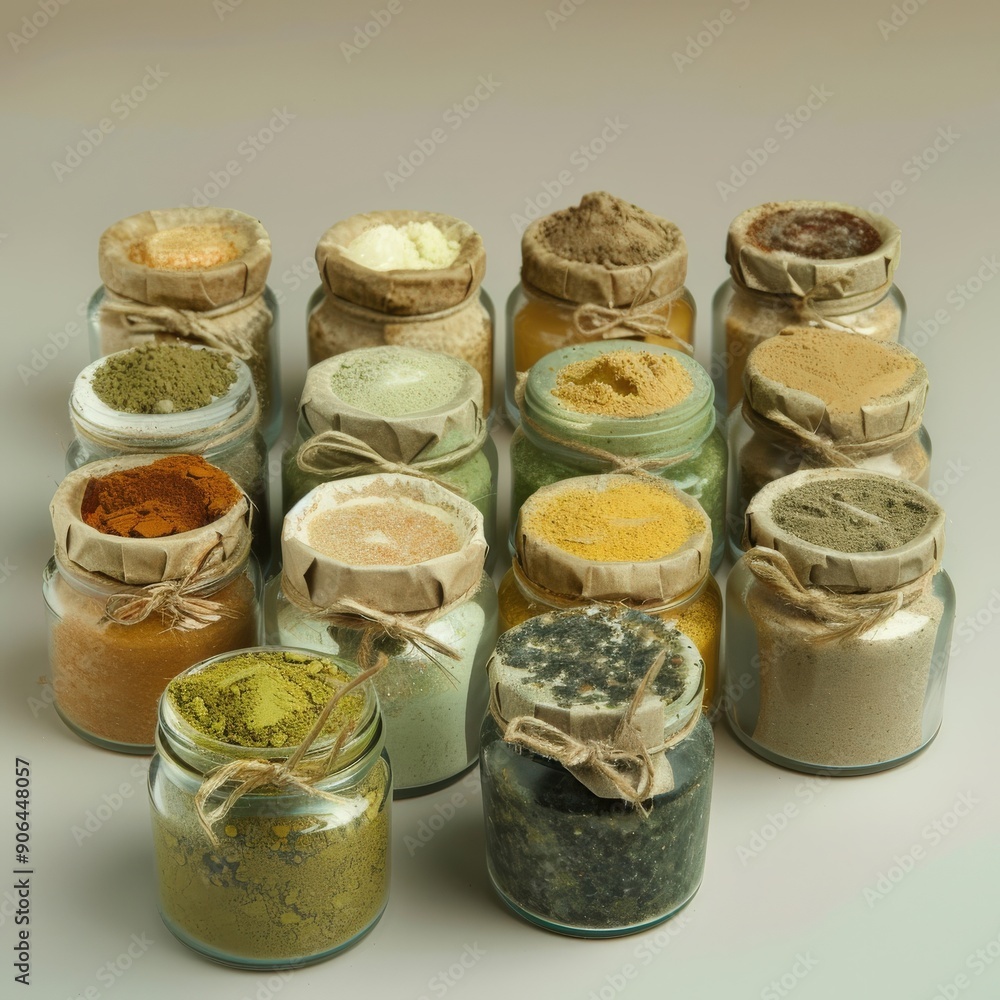 Various jars filled with colorful spices and herbs arranged neatly, showcasing their vibrant hues against a soft backdrop Various jars filled with colorful spices and herbs arranged neatly, showcasing their vibrant hues against a soft backdrop