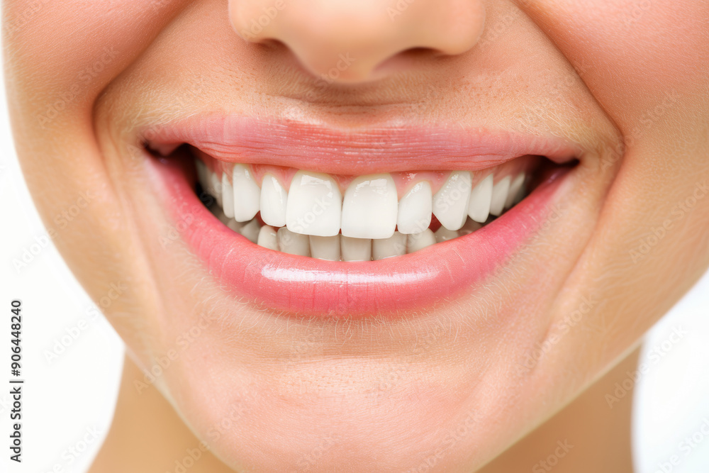 Obraz premium Close-up of a woman's mouth smiling, showing beautiful and healthy teeth. Dental health concept.