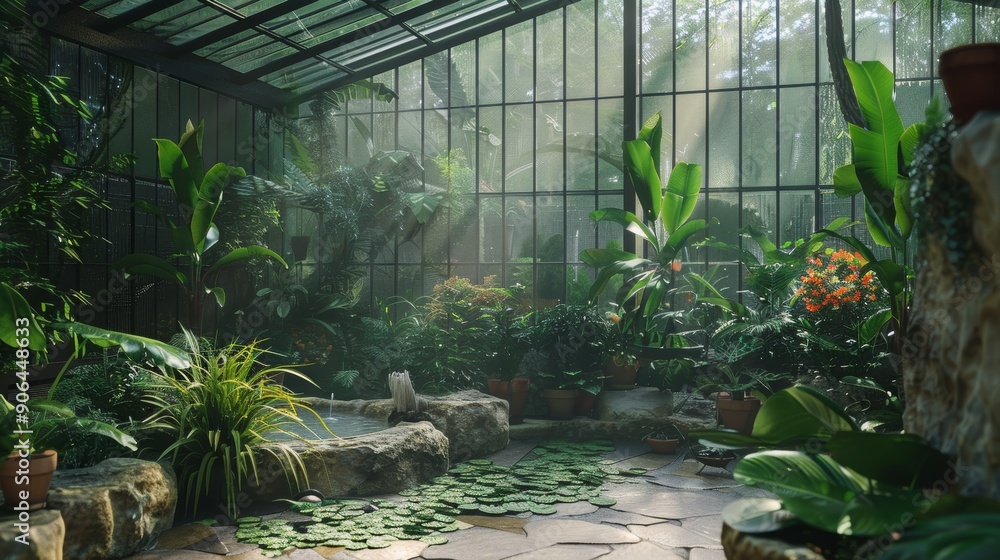Greenhouse with pond, large plants and flowers in the botanical garden Greenhouse with pond, large plants and flowers in the botanical garden