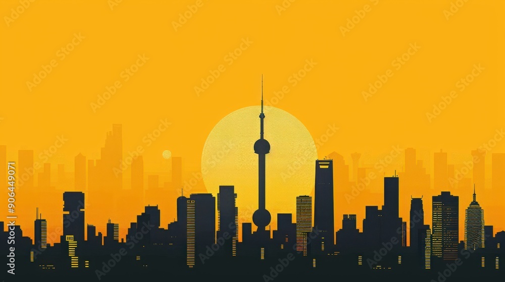 Obraz premium Minimalism illustration, silhouette of a sleek metro city skyline with a prominent television tower, flat illustration on warm yellow background, empty copy space, lofi style illustration 