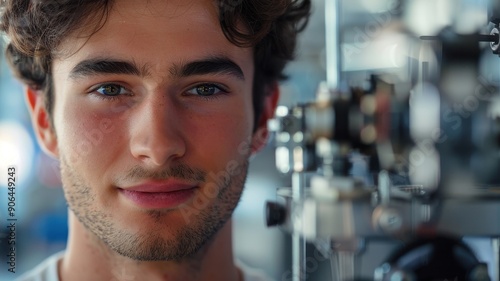 A close-up portrait of a young British male engineer