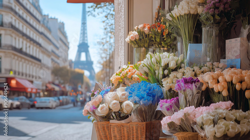 flowers in the market, a flower shop in Paris with a beautiful street view on the ground floor, flowers in the street market photo