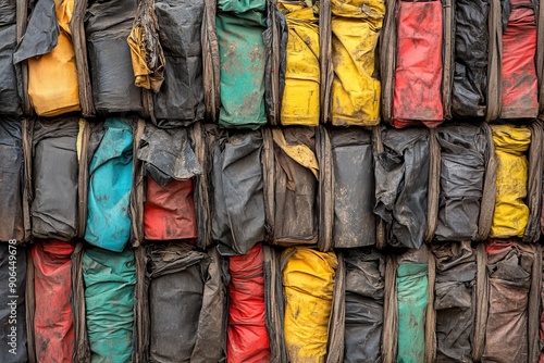 Stacked recycled plastic blocks emphasizing the circular economy and innovative use of materials in sustainable building practices and waste management.