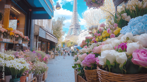 flowers in the market, a flower shop in Paris with a beautiful street view on the ground floor, flowers in the street market photo