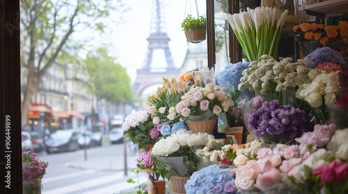 flowers in the market, a flower shop in Paris with a beautiful street view on the ground floor, flowers in the street market photo