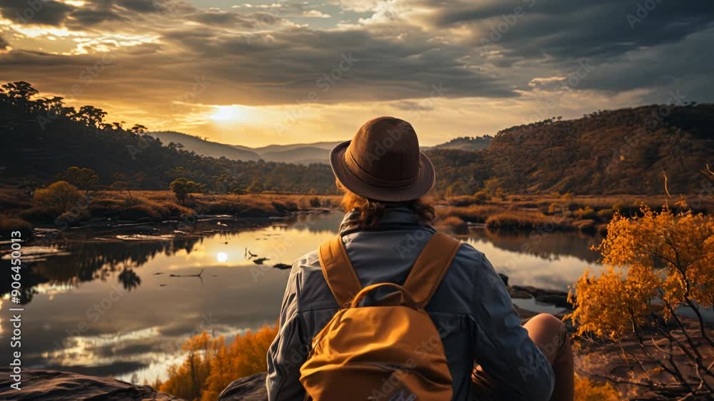 Hiker Enjoying Sunset Over Reflective Lake in Autumn Landscape