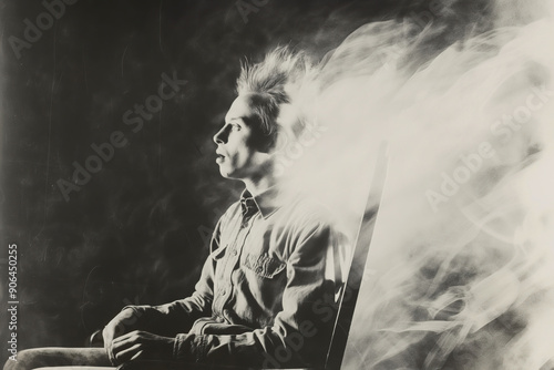 Surreal portrait of a man enveloped in mysterious smoke. Generative AI image