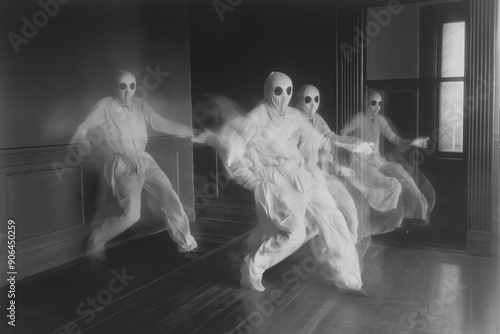 Haunting figures in an old dark room. Generative AI image
