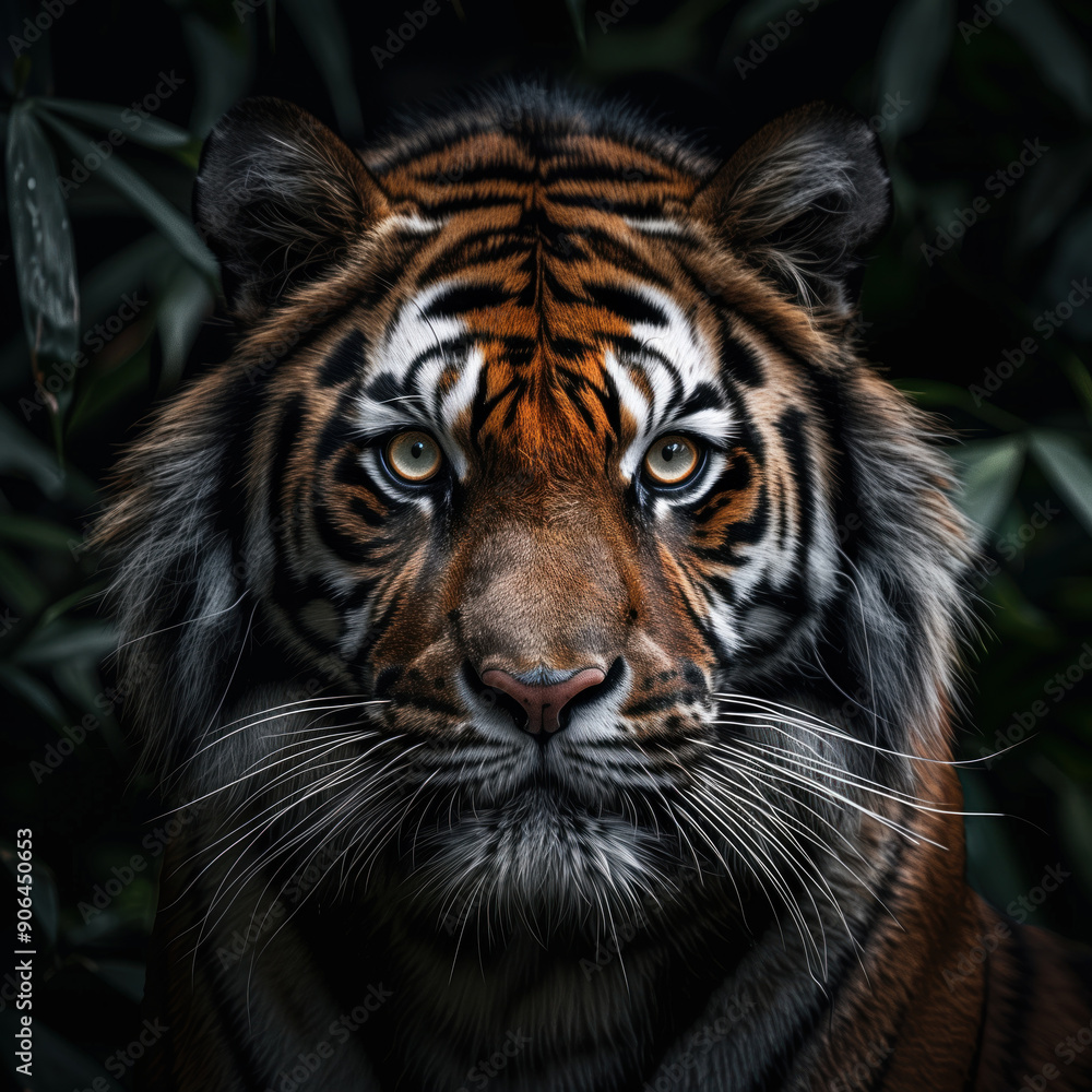 Fototapeta premium Tiger Portrait Photo In The Jungle. Fierce. Beautiful tiger Portrait. Wild Cat. Printable Artwork. Background Or Wallpaper.