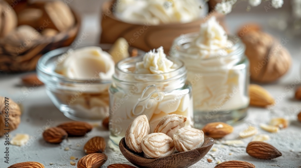 Fototapeta premium Clear glass jars hold creamy body butter, surrounded by scattered almonds and natural elements on a rustic tabletop