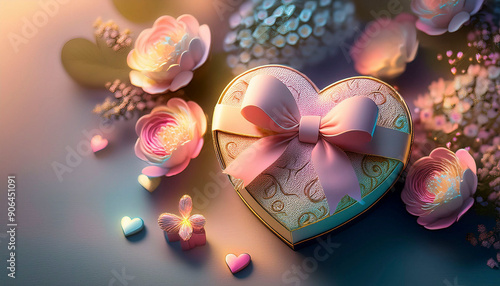 heart shaped gift box and flowers