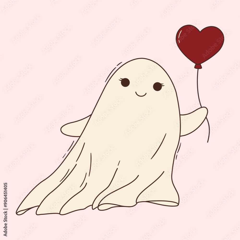 Cute ghost holding a heart shaped red balloon. Kind halloween character for kids. Flying phantom in white sheet. Spooky spirit vector clipart Cute ghost holding a heart shaped red balloon. Kind halloween character for kids. Flying phantom in white sheet. Spooky spirit vector clipart