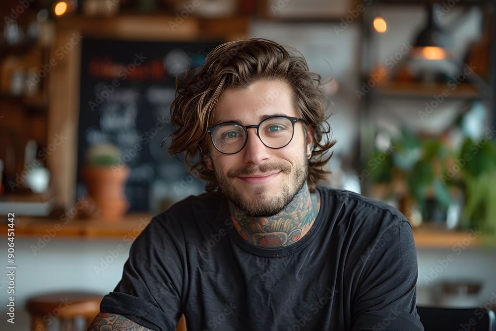 Charming Young Man with Glasses and Tattoos in a Cozy Café Setting Charming Young Man with Glasses and Tattoos in a Cozy Café Setting