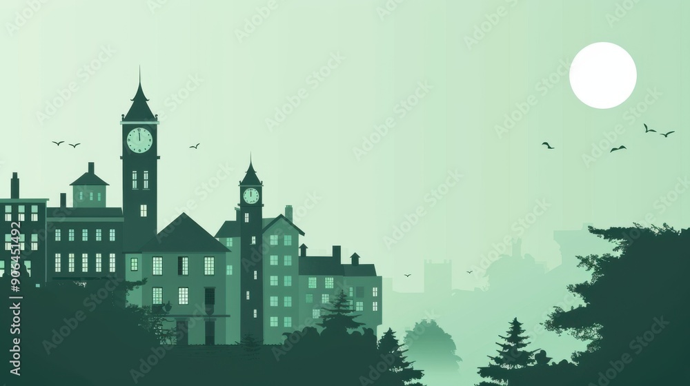 Fototapeta premium Minimalism illustration, silhouette of a university campus with buildings and a clock tower, flat illustration on soft mint background, empty copy space, lofi style illustration 