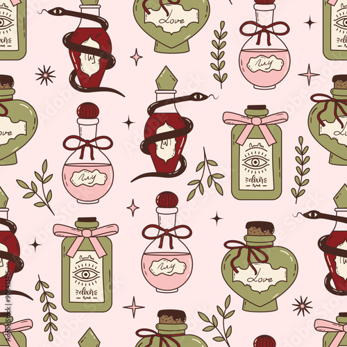 Seamless vector pattern with cute glass potion bottles with bows and ribbons. Coquette style magic love elixirs on pink background. Witchcraft and alchemy wallpaper, wrapping paper, textile